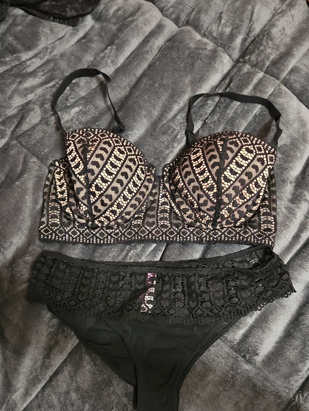 Adore Me Black Lace Lingerie Set with Pink Brand Tag